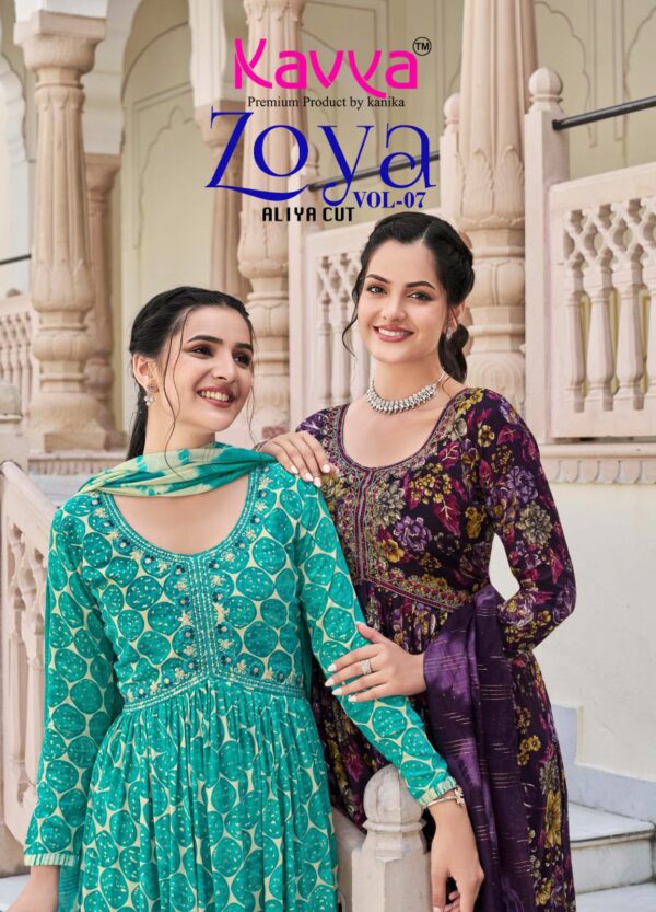 KAVYA ZOYA VOL 7 RAYON PRINTED ALIYA CUT KURTI SUPPLIER IN SURAT 1.jpg