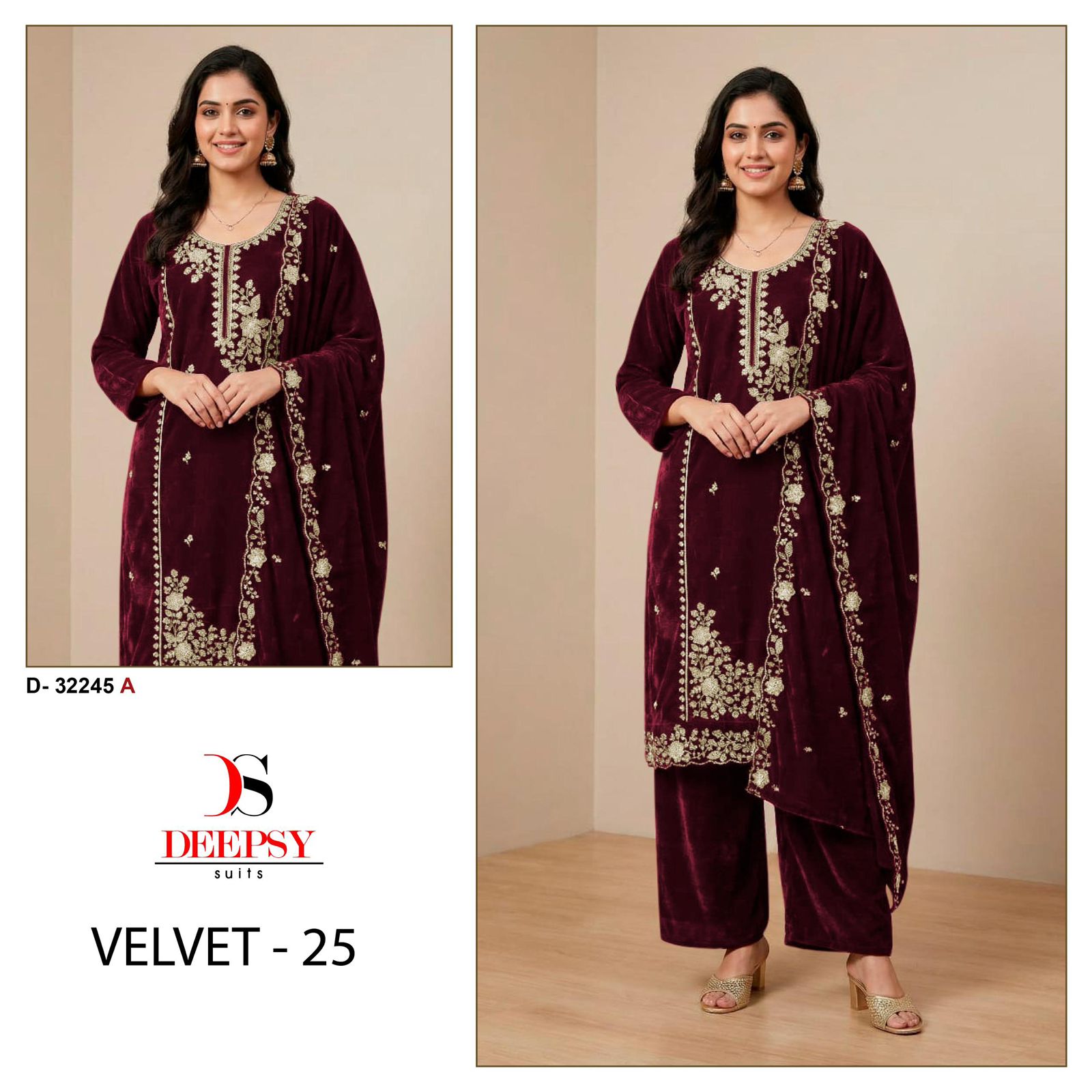₹1619 Pcs : 4 DEEPSY SUITS VELVET 25 0 33 Rehmat Boutique ₹1619 Pcs : 4 DEEPSY SUITS VELVET 25 0 33 DEEPSYSUITS VELVET 25 D 32245 A TO D 32245 D 3.jpg