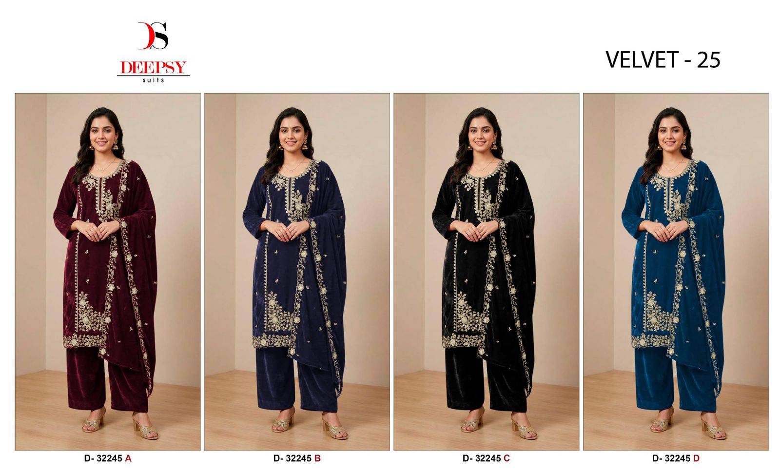 ₹1619 Pcs : 4 DEEPSY SUITS VELVET 25 0 33 Rehmat Boutique ₹1619 Pcs : 4 DEEPSY SUITS VELVET 25 0 33 DEEPSYSUITS VELVET 25 D 32245 A TO D 32245 D 4.jpg