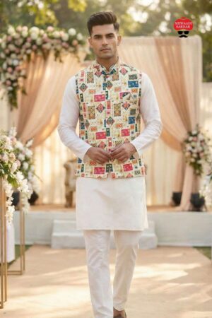 pr raj tilak malai satin fully stitch mens kurta pajama with koti in wholesale surat Rehmat Boutique