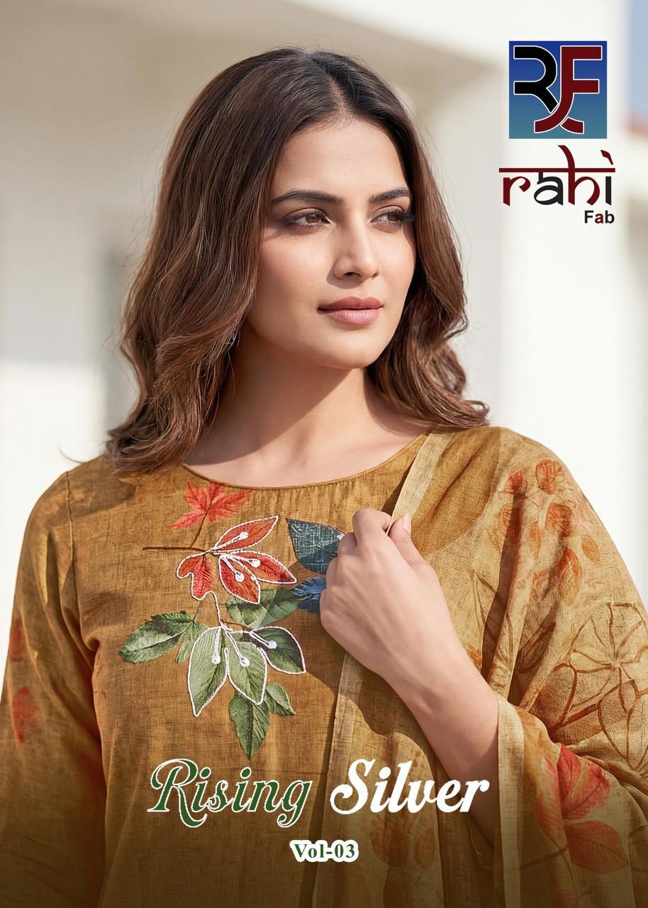 Rahi Fab Rising Silver Vol-3 series 3001-3008 Pure Jaam Satin Organic Print Wholesale suit Rehmat Boutique Rahi Fab Rising Silver Vol-3 series 3001-3008 Pure Jaam Satin Organic Print Wholesale suit Rehmat Boutique