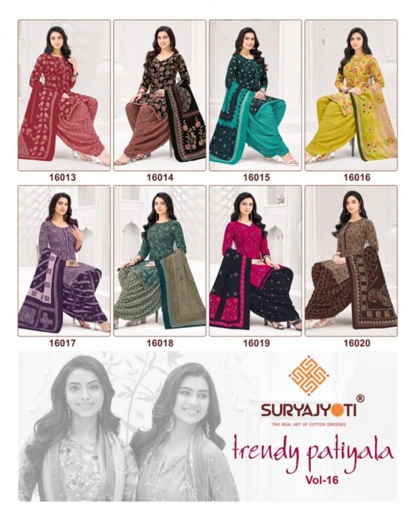 suryajyoti trendy patiyala vol 16 series 16013-16020 cotton wholesale suit Rehmat Boutique