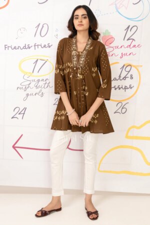 Shivali S4u Mocha Folk Printed-Short Top New Arrival 2025