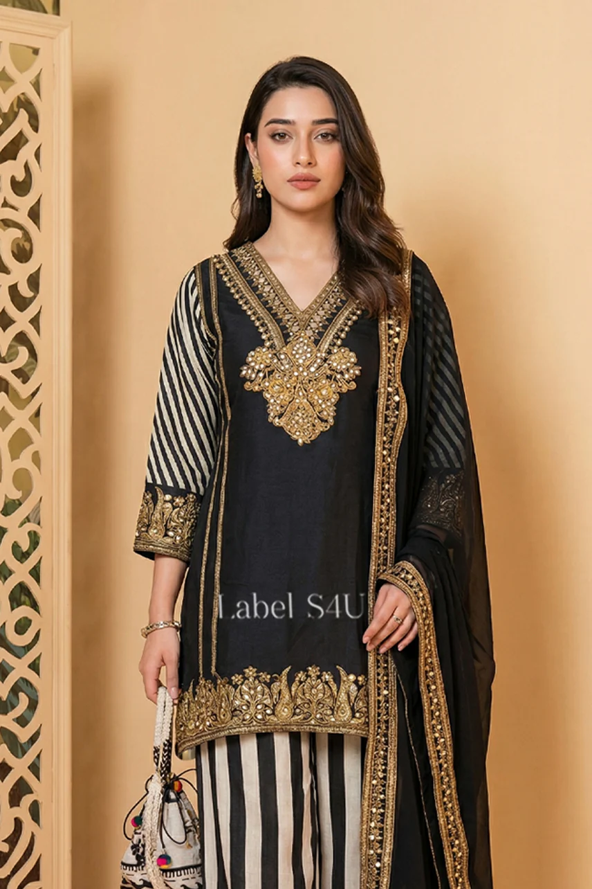 Shivali S4u Black Embellished Striped-Palazzo Set New Arrival 2025 Rehmat Boutique Black Embellished Striped-Palazzo Set Shivali S4u Black Embellished Striped-Palazzo Set New Arrival 2025 Rehmat Boutique