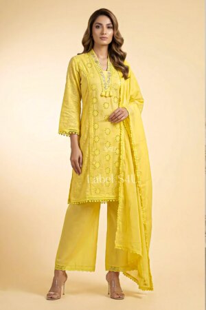 Shivali S4u Sunshine Yellow Schiffli Suit Set New Arrival 2025