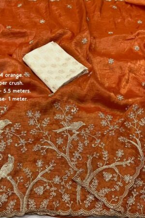 kc 834 paper crush orange embroidry work saree Rehmat Boutique