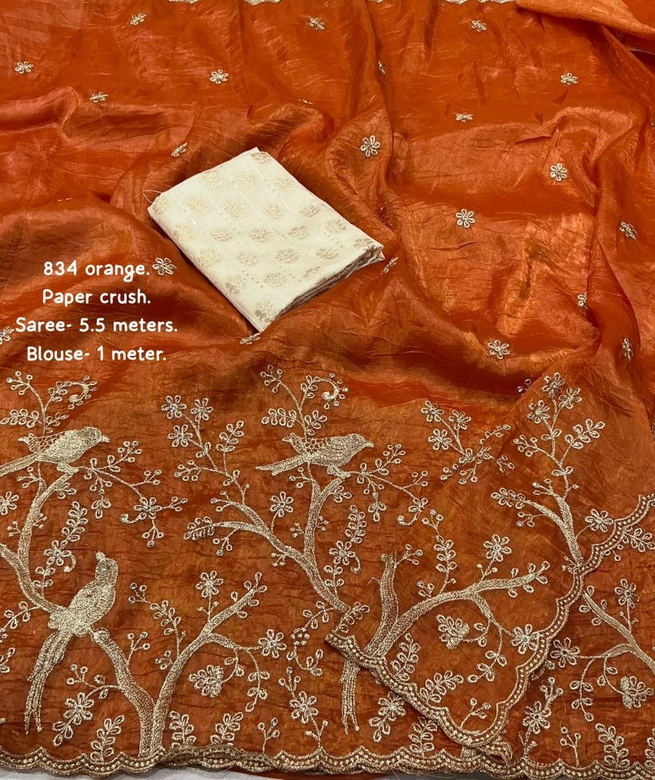 kc 834 paper crush orange embroidry work saree Rehmat Boutique kc 834 paper crush orange embroidry work saree kc 834 paper crush orange embroidry work saree Rehmat Boutique