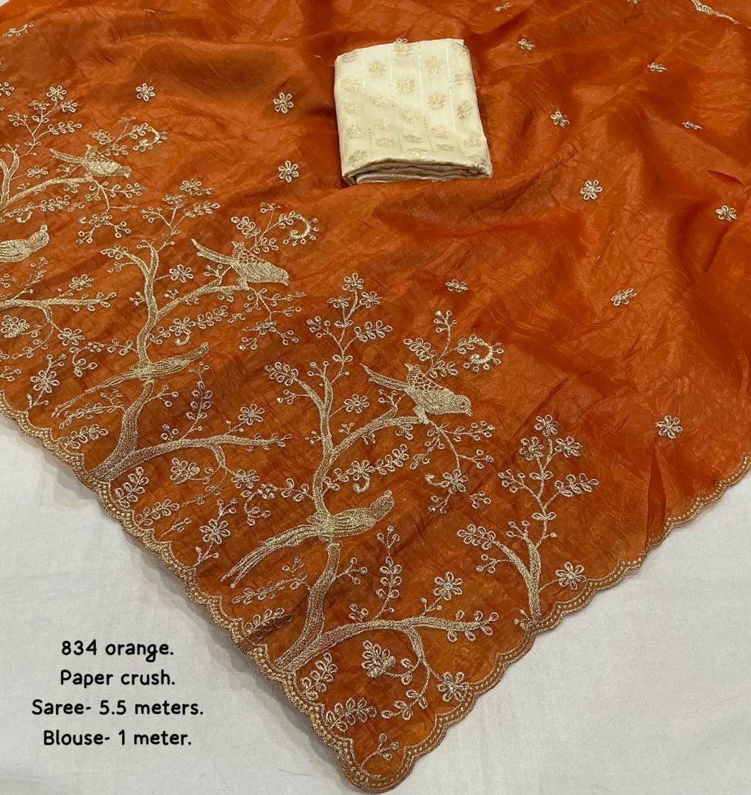 kc 834 paper crush orange embroidry work saree Rehmat Boutique kc 834 paper crush orange embroidry work saree kc 834 paper crush orange embroidry work saree Rehmat Boutique
