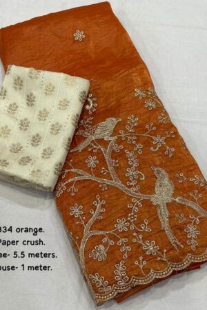 kc 834 paper crush orange embroidry work saree