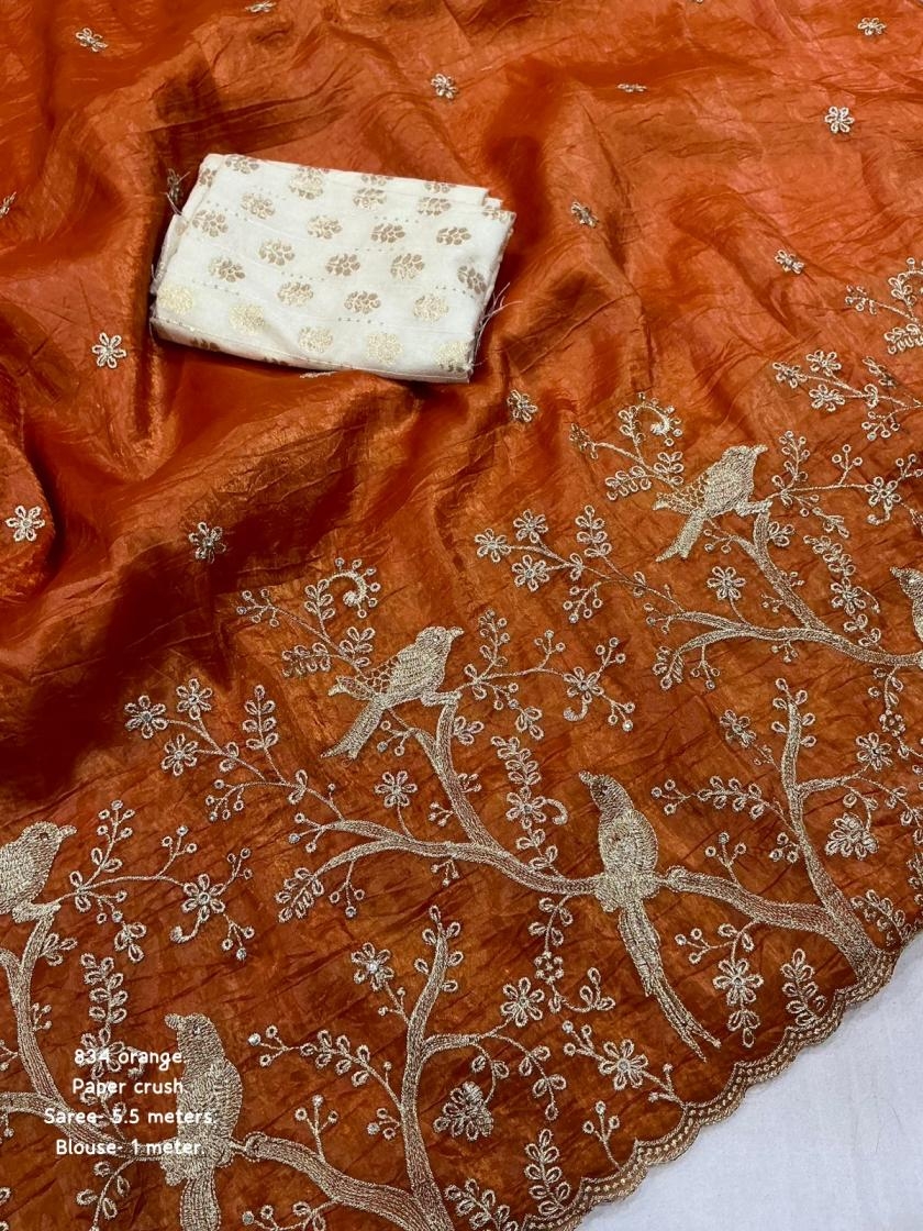 kc 834 paper crush orange embroidry work saree Rehmat Boutique kc 834 paper crush orange embroidry work saree kc 834 paper crush orange embroidry work saree Rehmat Boutique