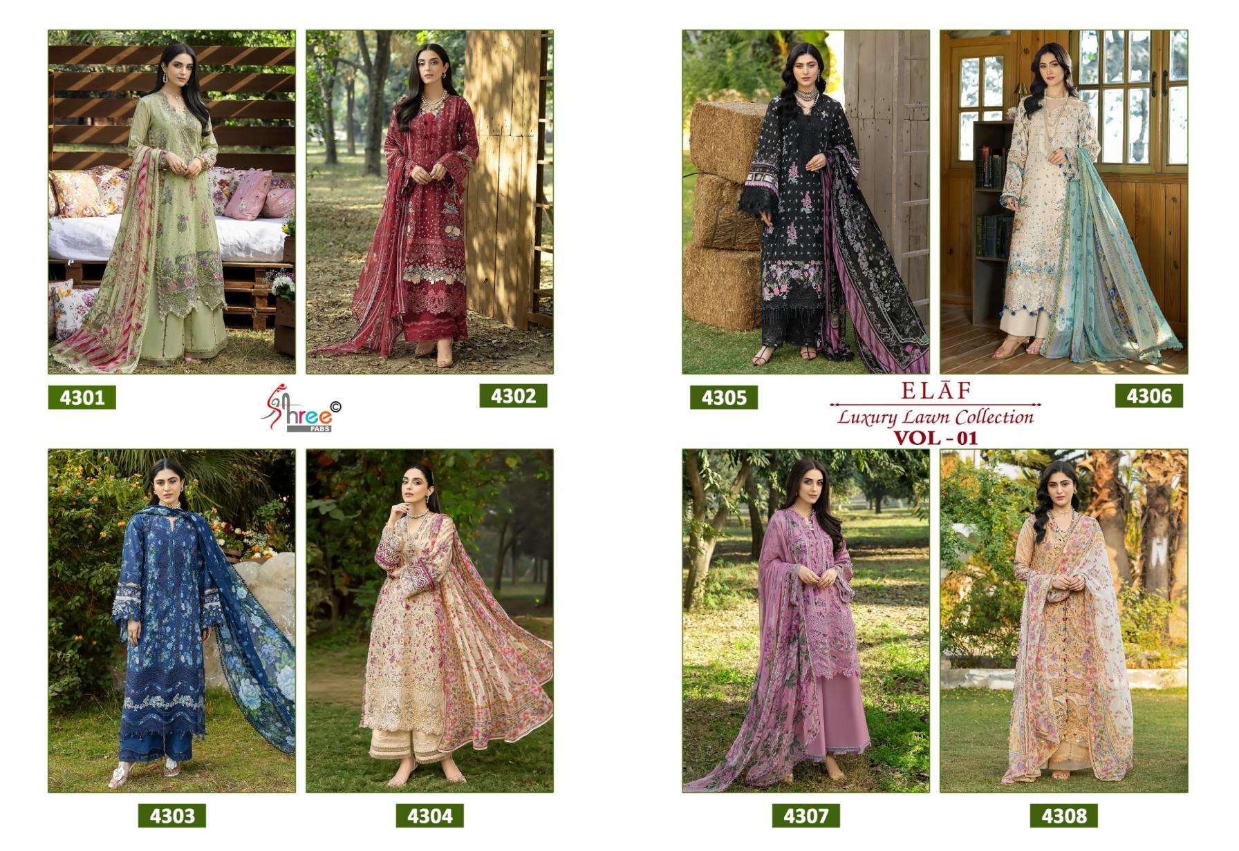 shree fabs elaf luxury lawn collection vol 1 series 4301-4308 pure cotton wholesale suit Rehmat Boutique shree fabs elaf luxury lawn collection vol 1 series 4301-4308 pure cotton wholesale suit shree fabs elaf luxury lawn collection vol 1 series 4301-4308 pure cotton wholesale suit Rehmat Boutique